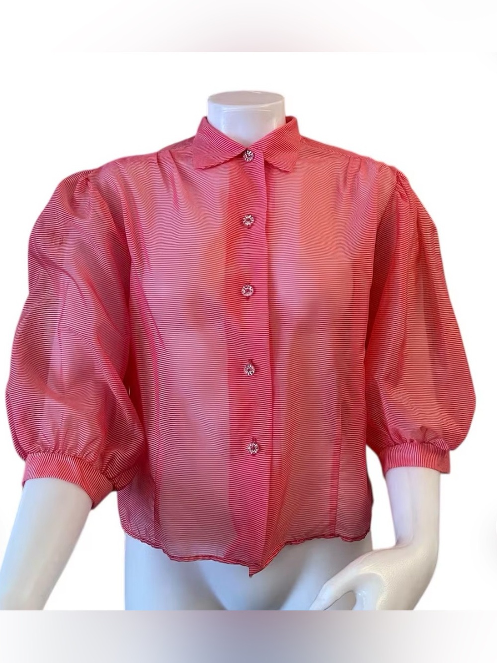 Vintage 1950’s Blouse Top Sheer NO Size 3/4 Puff sleeves Red White Stripe